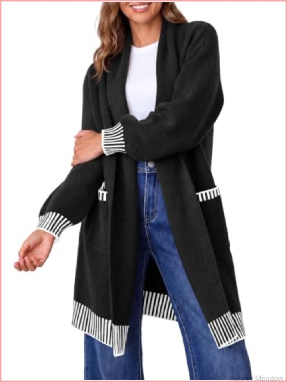 Oversized Open Front Cardigan Sweater with Pockets Striped Chunky Knit
